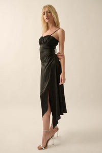 Take a Bow Satin Jacquard Asymmetrical Midi Dress - ShopPromesa