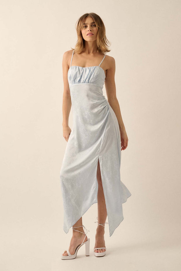 Take a Bow Satin Jacquard Asymmetrical Midi Dress - ShopPromesa