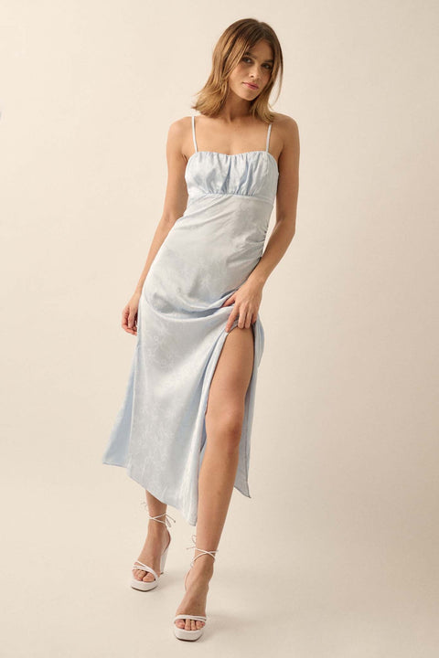 Take a Bow Satin Jacquard Asymmetrical Midi Dress - ShopPromesa