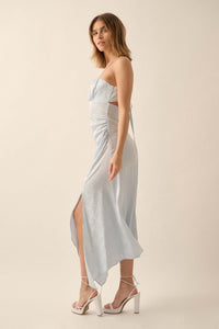 Take a Bow Satin Jacquard Asymmetrical Midi Dress - ShopPromesa