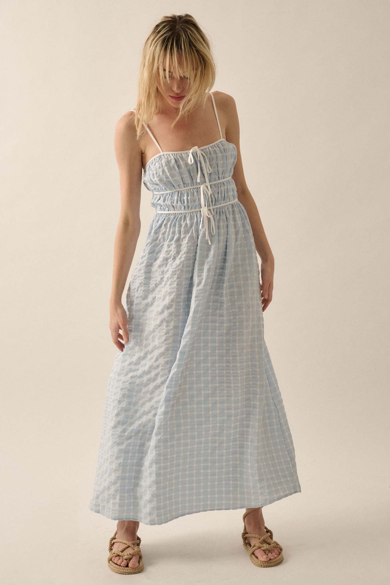 Puff Piece Textured Bubble Plaid Maxi Dress - ShopPromesa