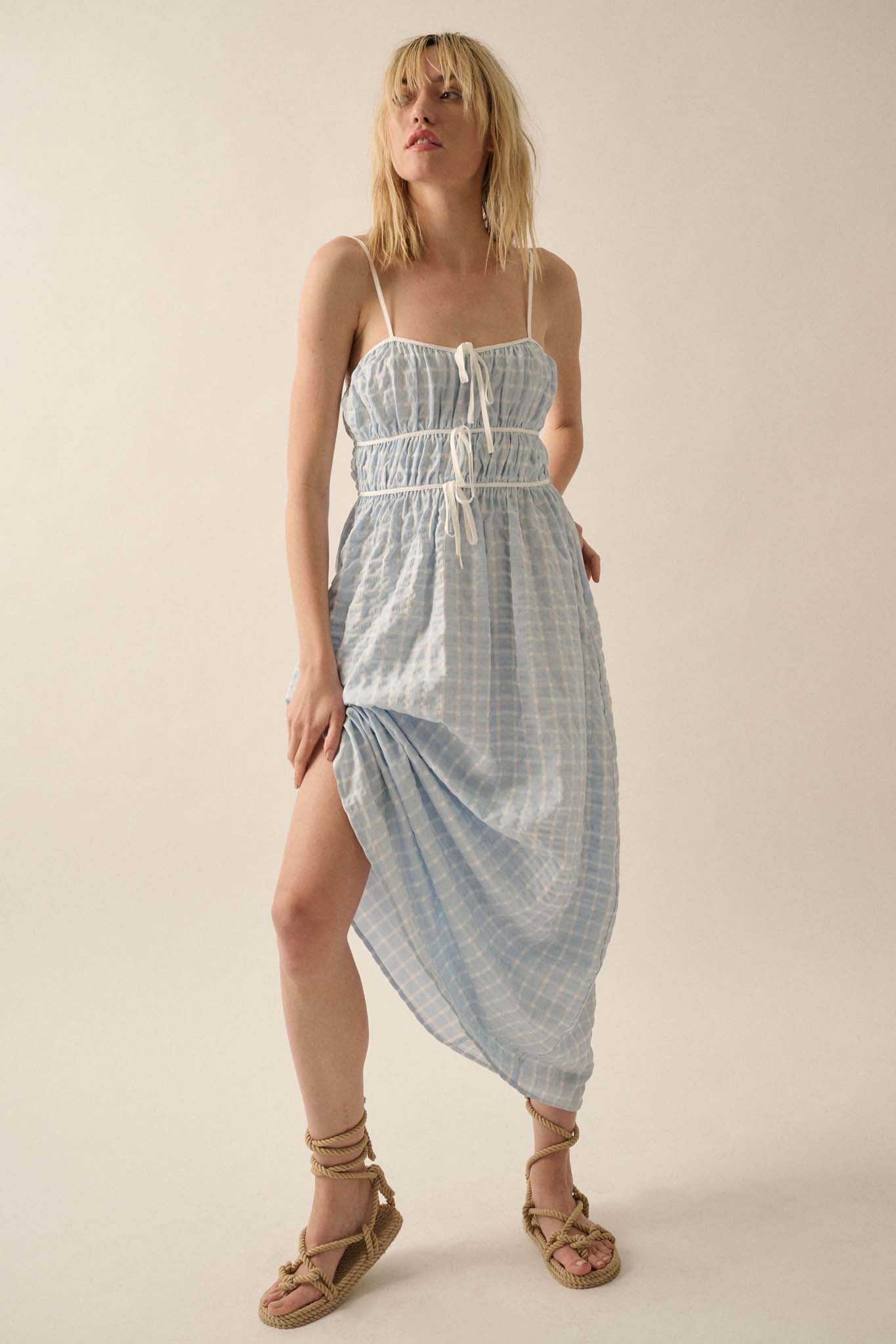 Puff Piece Textured Bubble Plaid Maxi Dress - ShopPromesa