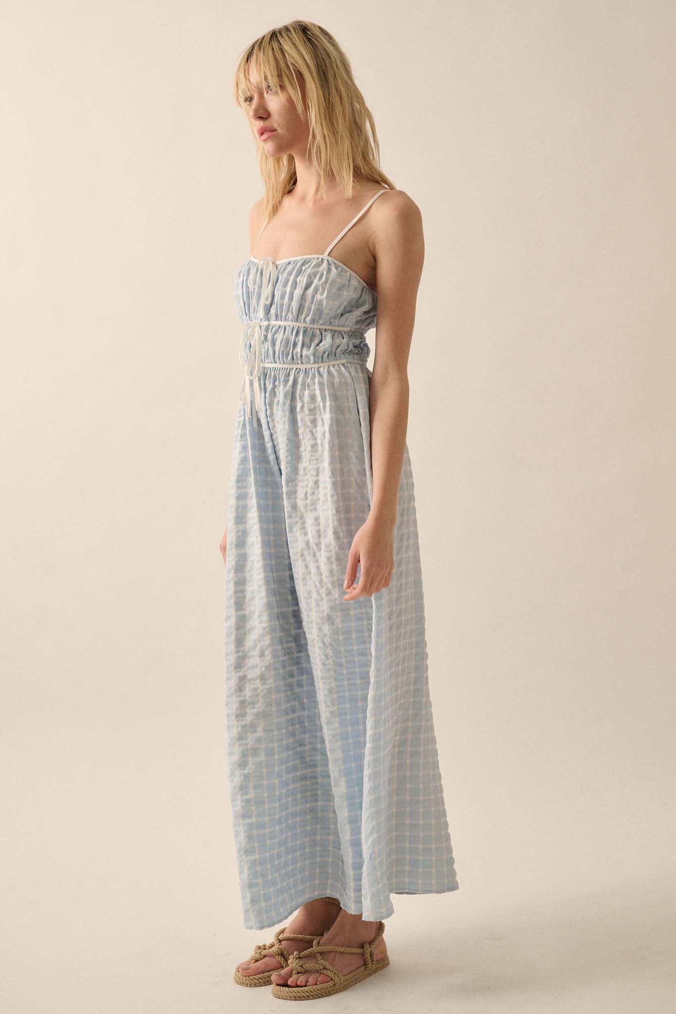 Puff Piece Textured Bubble Plaid Maxi Dress - ShopPromesa