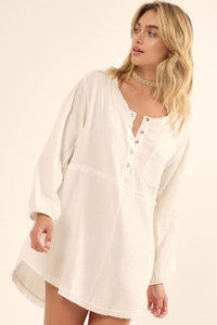 Early Bird Crinkle Cotton Henley Tunic Mini Dress - ShopPromesa