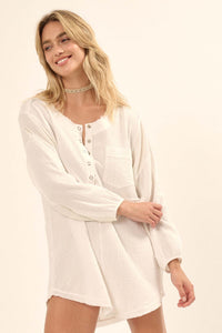 Early Bird Crinkle Cotton Henley Tunic Mini Dress - ShopPromesa