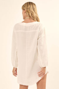 Early Bird Crinkle Cotton Henley Tunic Mini Dress - ShopPromesa