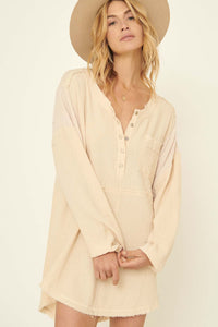 Early Bird Crinkle Cotton Henley Tunic Mini Dress - ShopPromesa