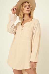 Early Bird Crinkle Cotton Henley Tunic Mini Dress - ShopPromesa