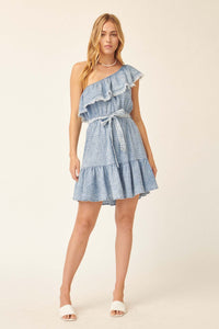 Blue Skies Ruffled One-Shoulder Denim Mini Dress - ShopPromesa