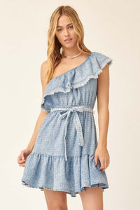 Blue Skies Ruffled One-Shoulder Denim Mini Dress - ShopPromesa