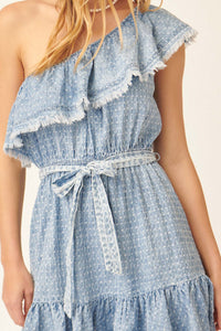 Blue Skies Ruffled One-Shoulder Denim Mini Dress - ShopPromesa