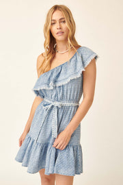Blue Skies Ruffled One-Shoulder Denim Mini Dress - ShopPromesa