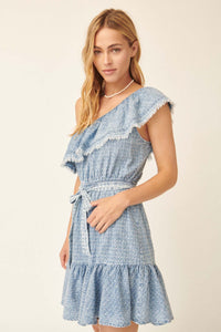 Blue Skies Ruffled One-Shoulder Denim Mini Dress - ShopPromesa