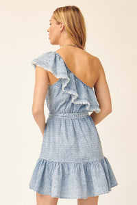 Blue Skies Ruffled One-Shoulder Denim Mini Dress - ShopPromesa