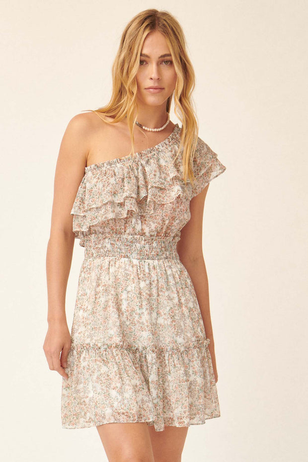 At Last Ruffled One-Shoulder Floral Mini Dress - ShopPromesa