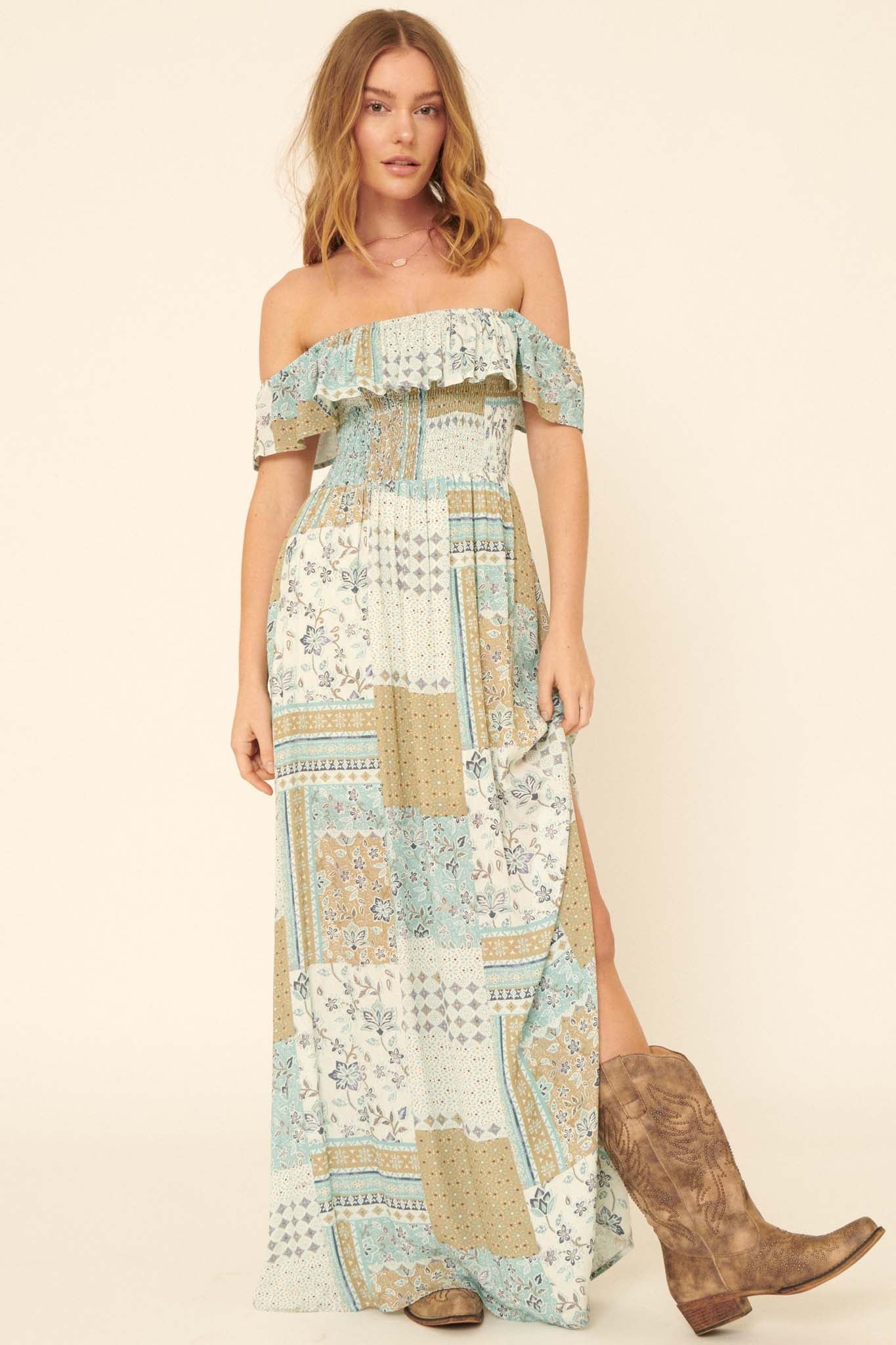 Remember When Off-Shoulder Patchwork Maxi Dress - ShopPromesa