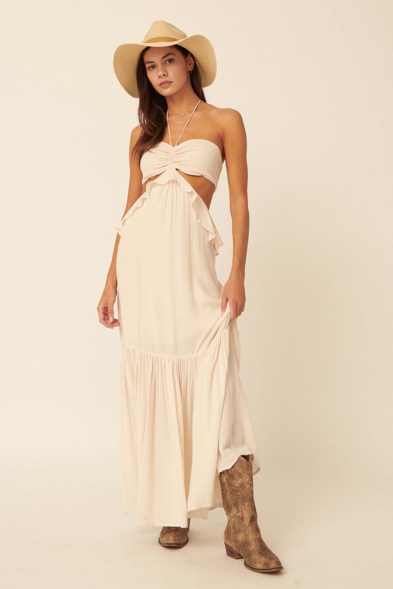 Cloud Nine Ruffled Cutout Halter Maxi Dress - ShopPromesa