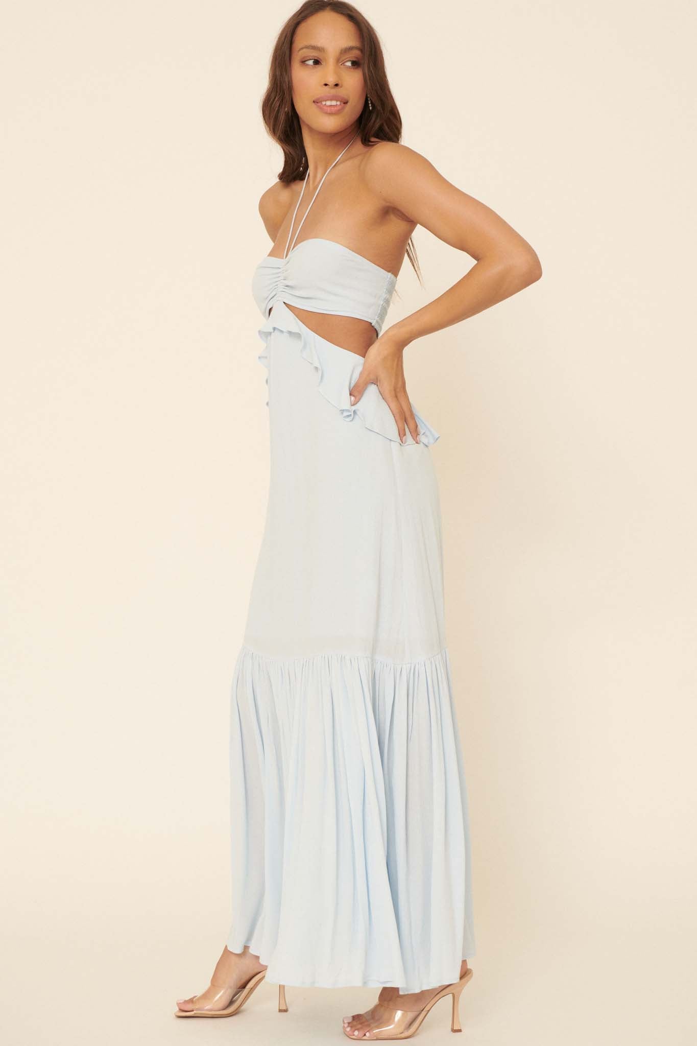 Cloud Nine Ruffled Cutout Halter Maxi Dress - ShopPromesa