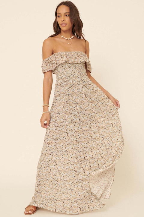 Butterfly Meadow Off-Shoulder Floral Maxi Dress - ShopPromesa