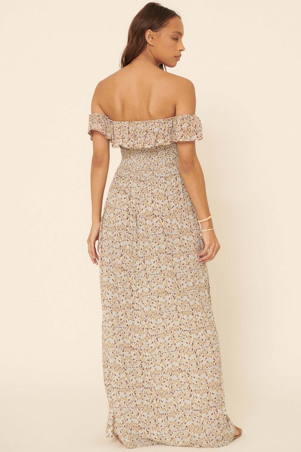 Butterfly Meadow Off-Shoulder Floral Maxi Dress - ShopPromesa