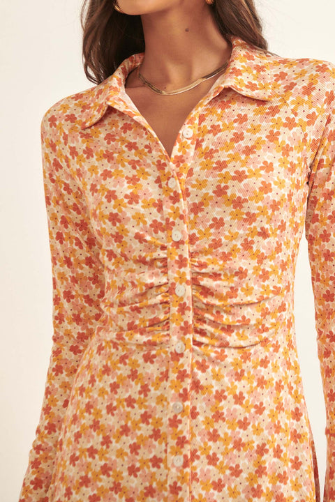Groovy Blooms Floral Rib-Knit Mini Shirt Dress - ShopPromesa