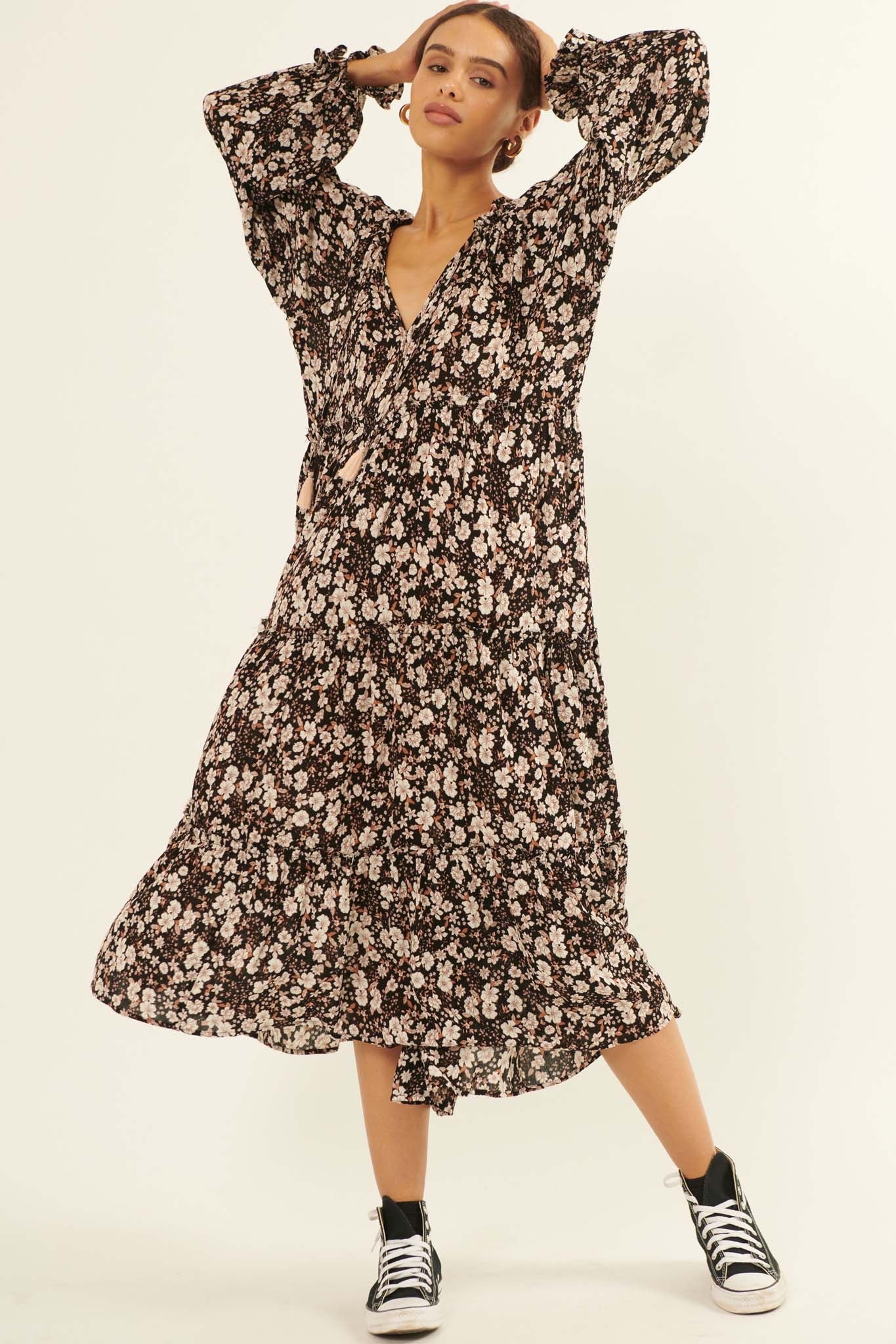 Nightly Blooms Tiered Floral Midi Prairie Dress - ShopPromesa