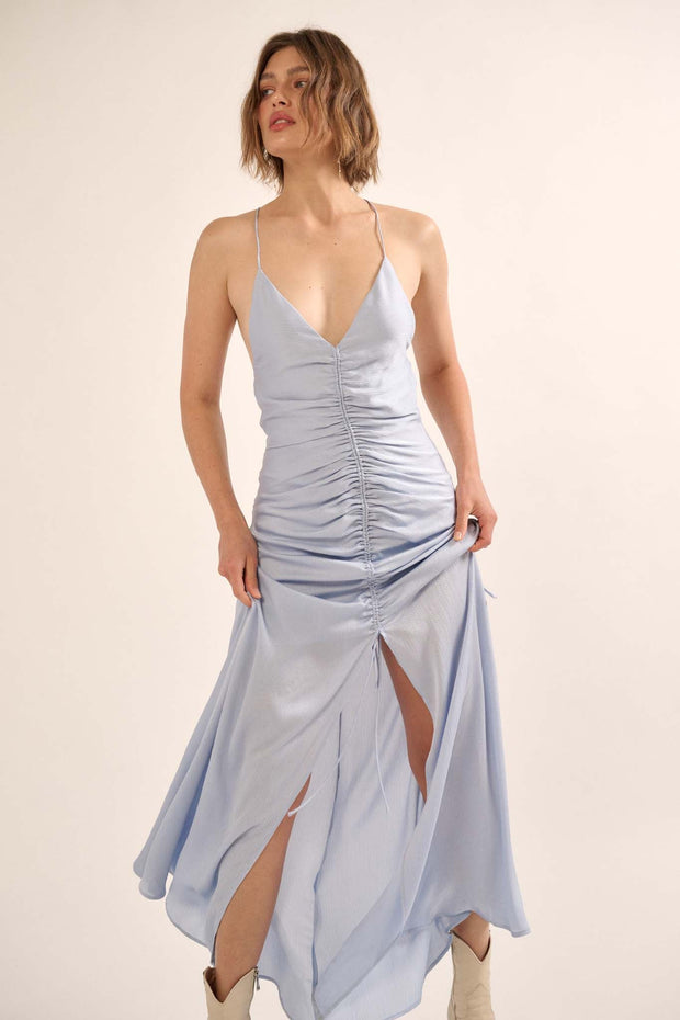 Gala Girl Textured Satin Drawstring Maxi Slip Dress - ShopPromesa