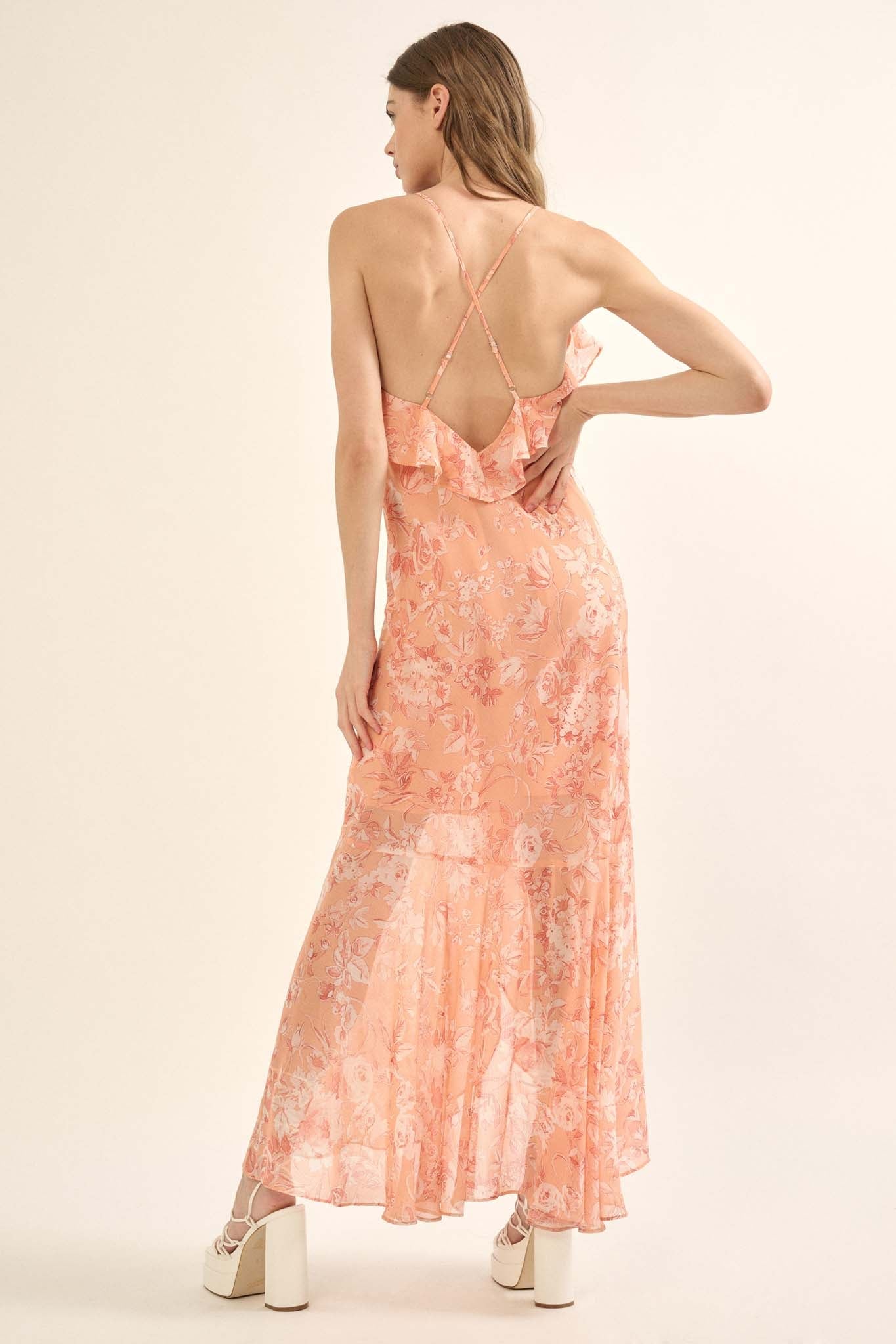 Celestial Garden Floral Chiffon Ruffled Maxi Dress - ShopPromesa