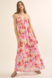 Jungle Blooms Floral Halter Tie-Back Maxi Dress - ShopPromesa