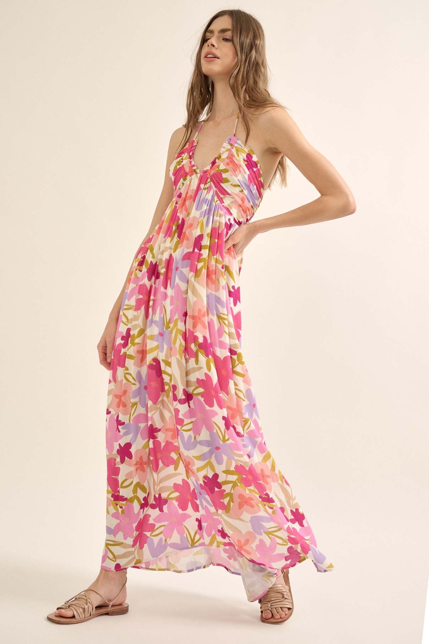 Jungle Blooms Floral Halter Tie-Back Maxi Dress - ShopPromesa