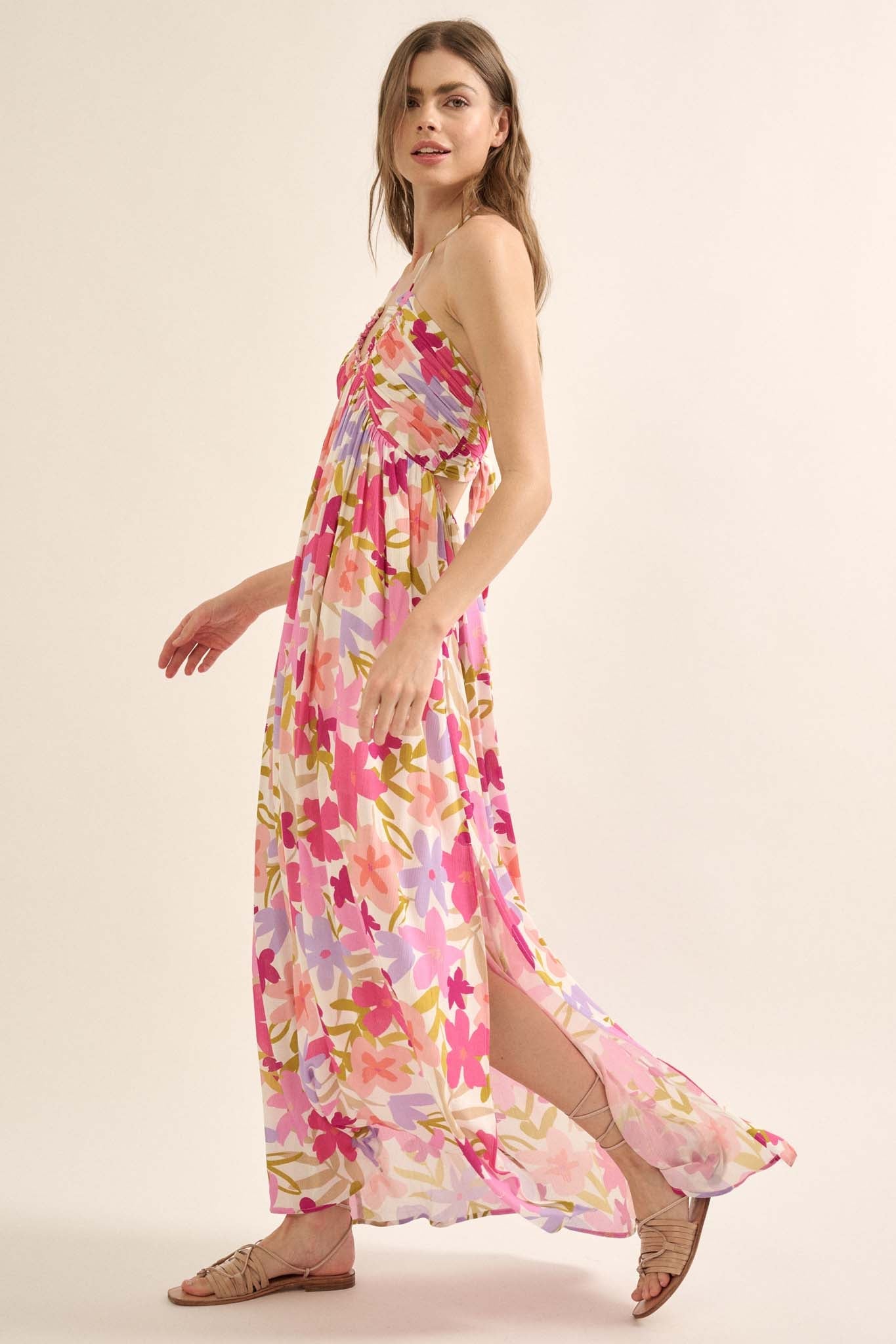 Jungle Blooms Floral Halter Tie-Back Maxi Dress - ShopPromesa