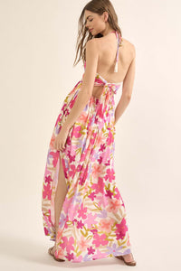 Jungle Blooms Floral Halter Tie-Back Maxi Dress - ShopPromesa