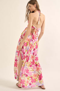 Jungle Blooms Floral Halter Tie-Back Maxi Dress - ShopPromesa