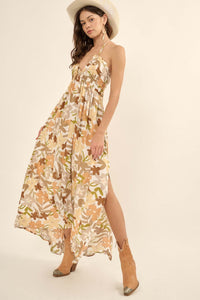 Jungle Blooms Floral Halter Tie-Back Maxi Dress - ShopPromesa