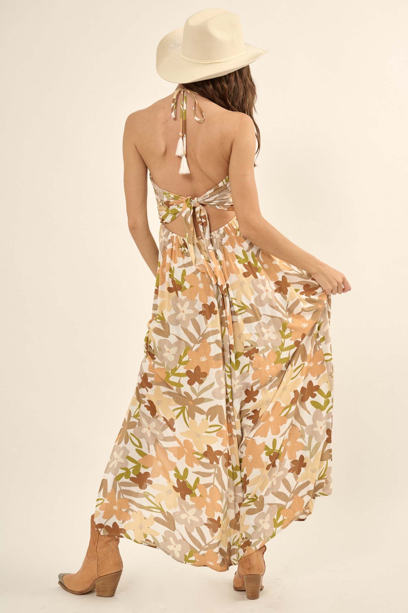 Jungle Blooms Floral Halter Tie-Back Maxi Dress - ShopPromesa