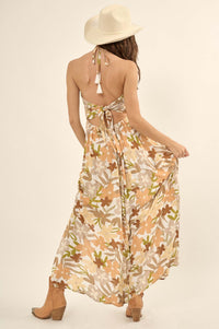 Jungle Blooms Floral Halter Tie-Back Maxi Dress - ShopPromesa