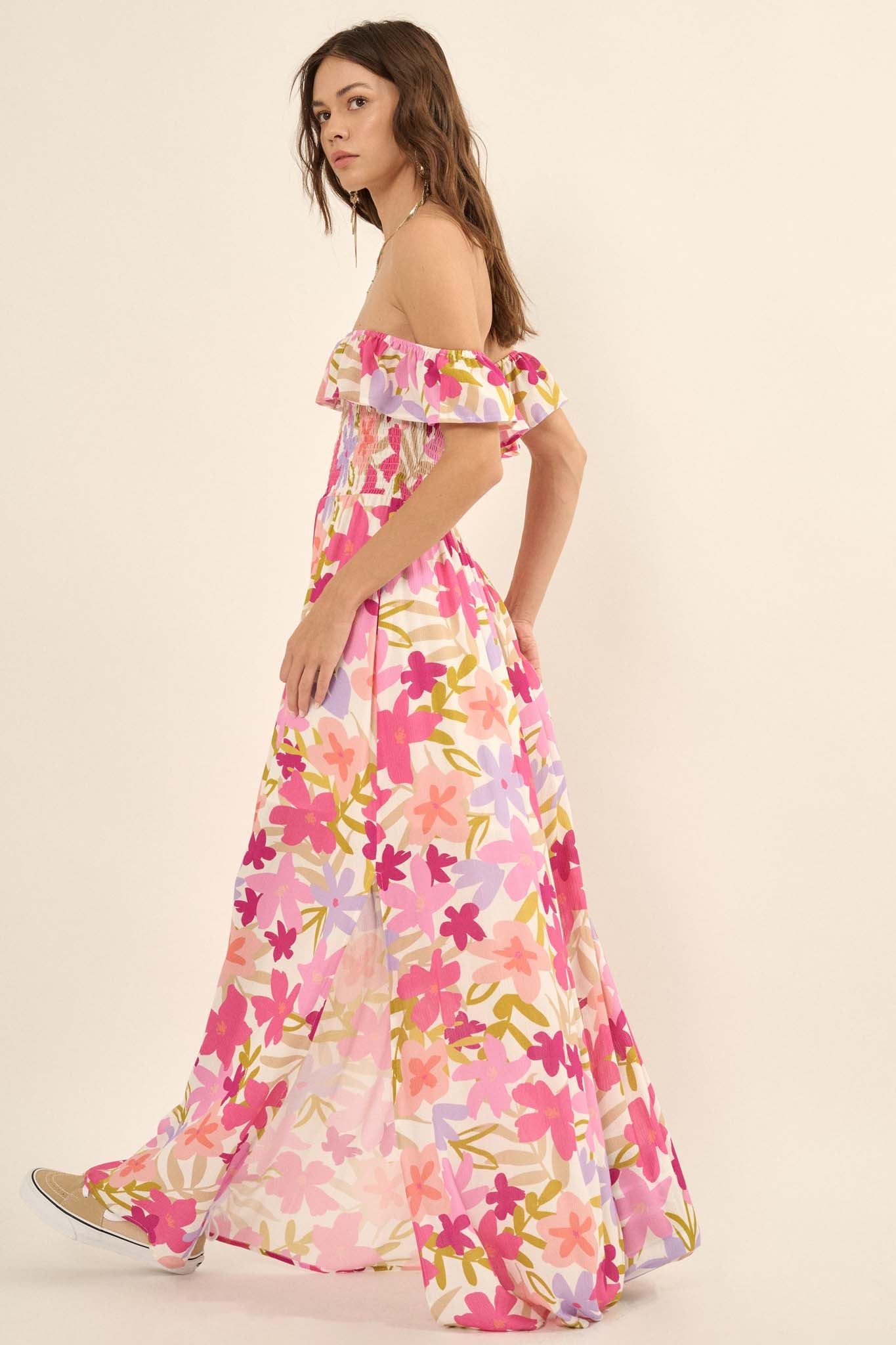 Tropical Blossoms Off-Shoulder Floral Maxi Dress - ShopPromesa