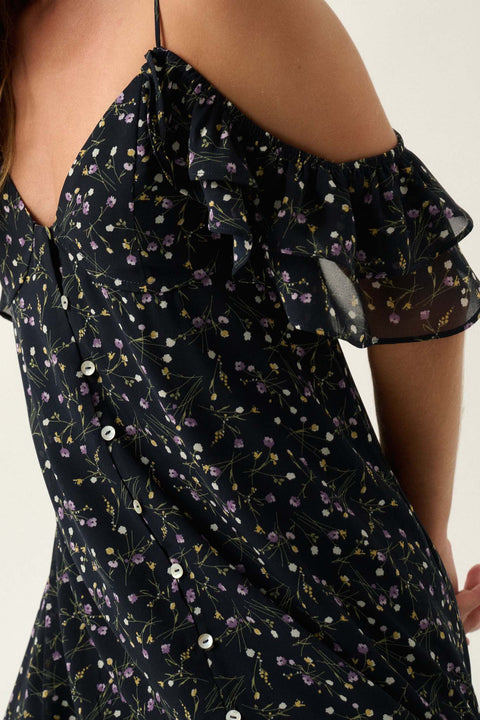 Floral Breeze Cold-Shoulder Button-Front Maxi Dress - ShopPromesa