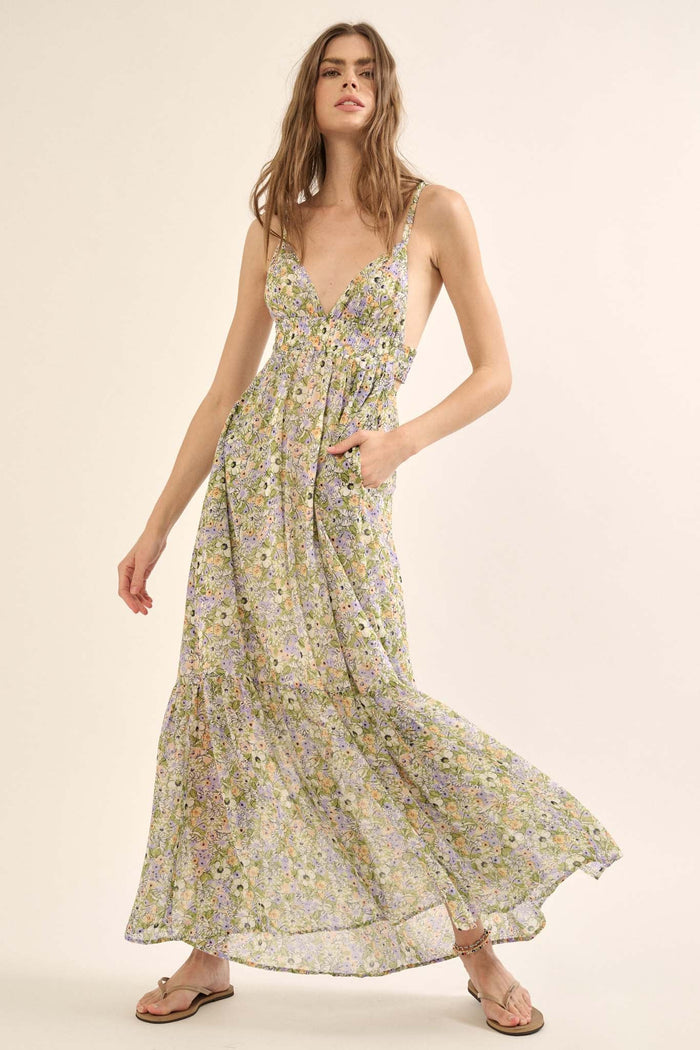 Magical Meadow Floral Chiffon Open-Back Maxi Dress - ShopPromesa