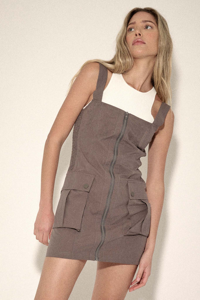 Work to Do Zip-Up Cargo Overall Mini Dress - ShopPromesa