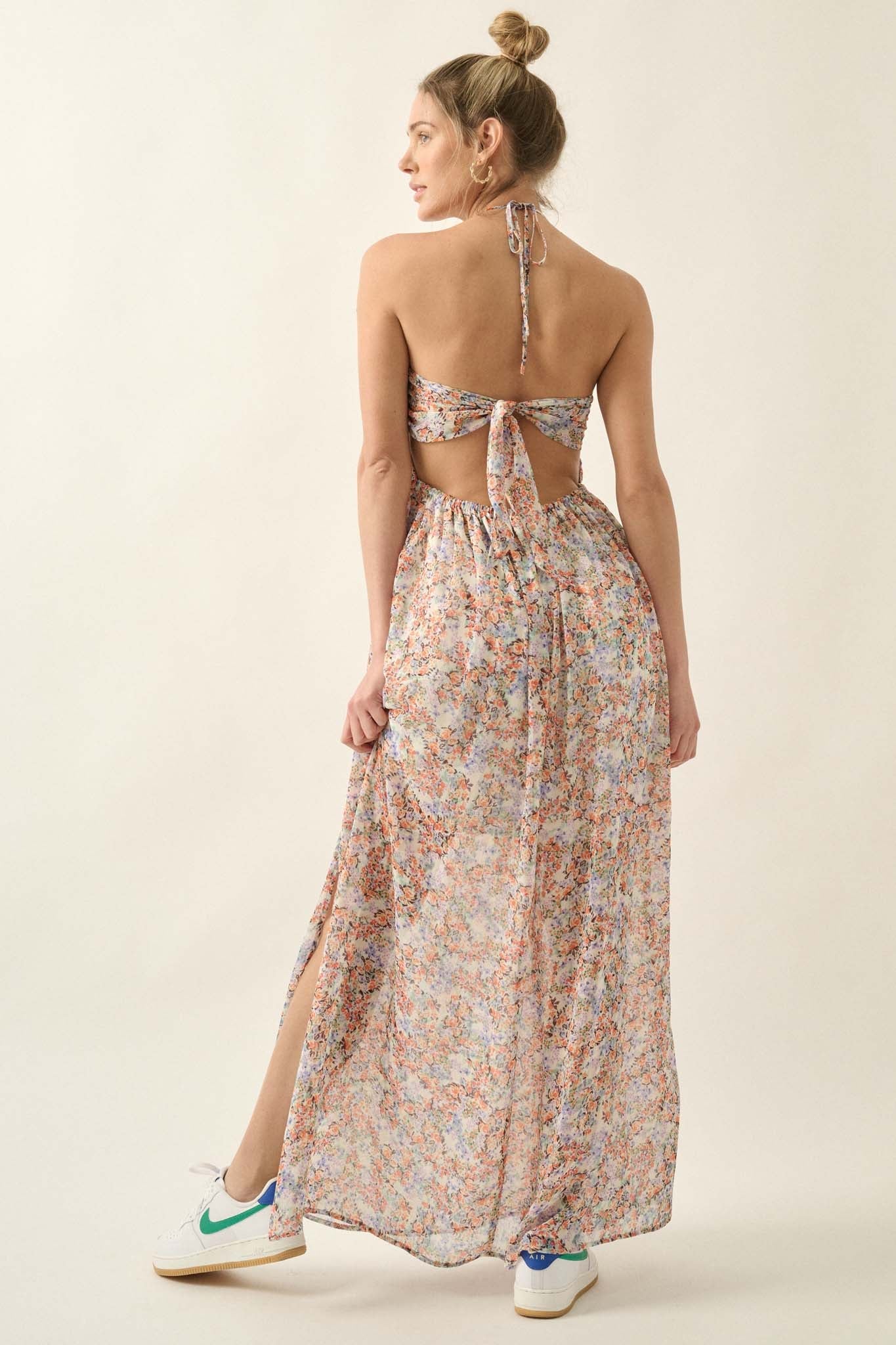 Painted Paradise Floral Chiffon Halter Maxi Dress - ShopPromesa