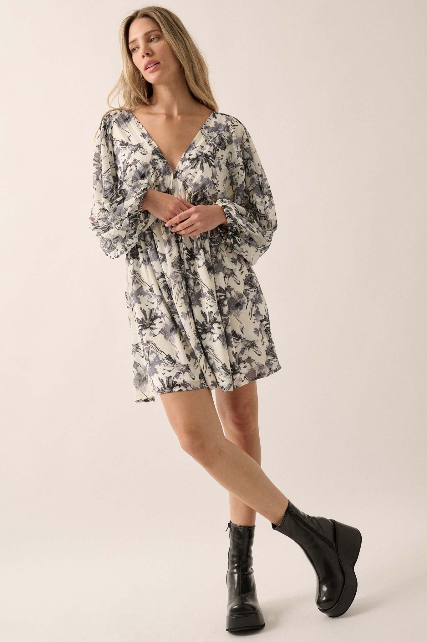 Silver Shadows Floral Chiffon Kimono Mini Dress - ShopPromesa