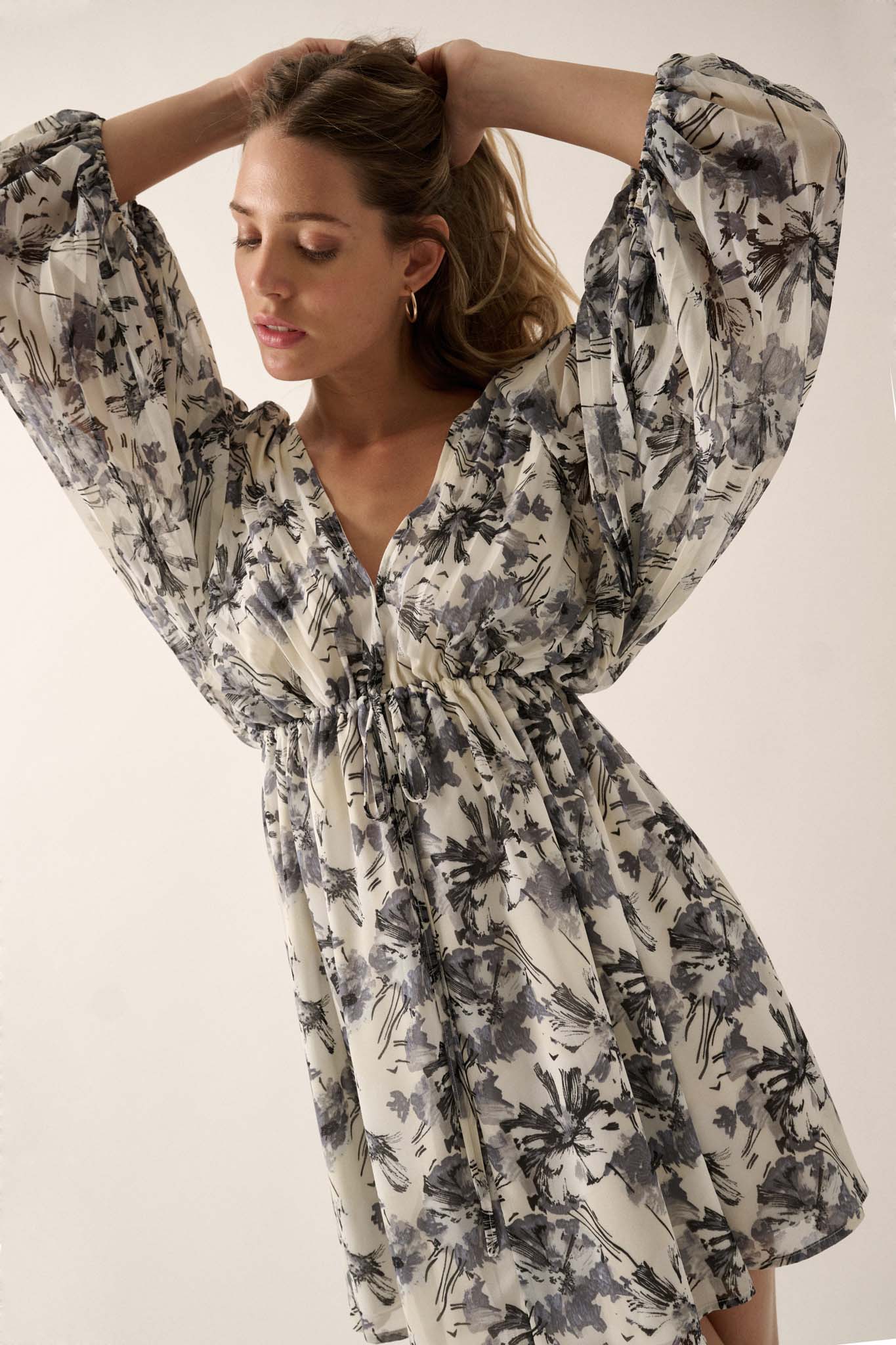 Silver Shadows Floral Chiffon Kimono Mini Dress - ShopPromesa