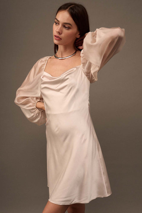 Undercover Angel Balloon-Sleeve Satin Mini Dress - ShopPromesa