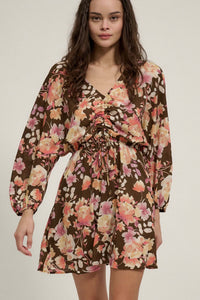 Sunset Garden Floral Ruched Drawstring Mini Dress - ShopPromesa