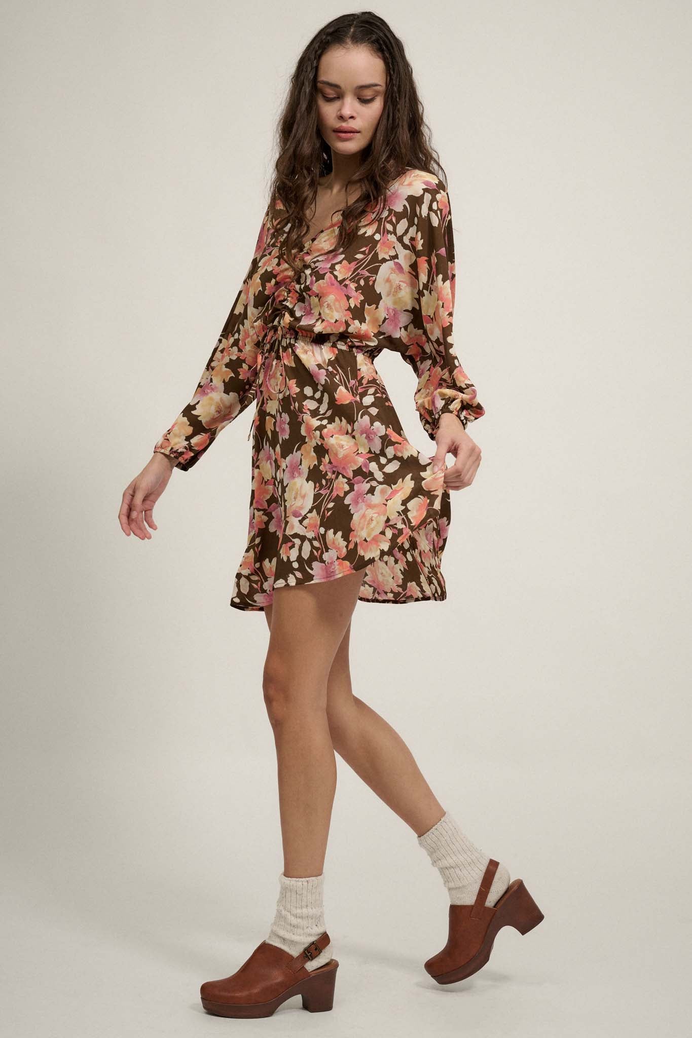 Sunset Garden Floral Ruched Drawstring Mini Dress - ShopPromesa