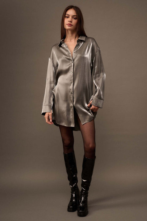 Silver Lining Metallic Lamé Shirt Dress - ShopPromesa