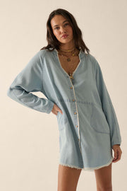 Blue Monday Raw-Edge Denim Mini Shirt Dress - ShopPromesa