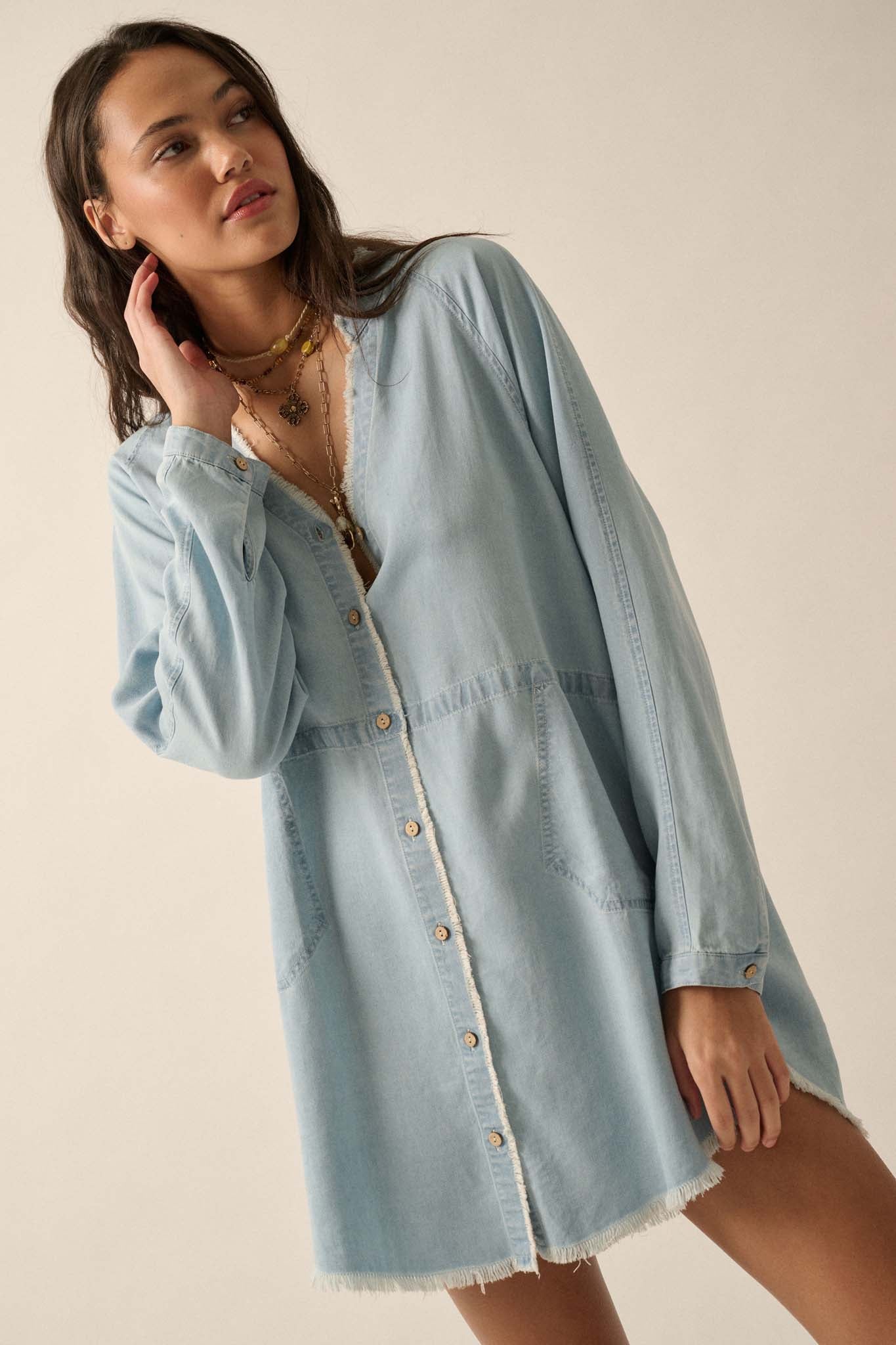 Blue Monday Raw-Edge Denim Mini Shirt Dress - ShopPromesa