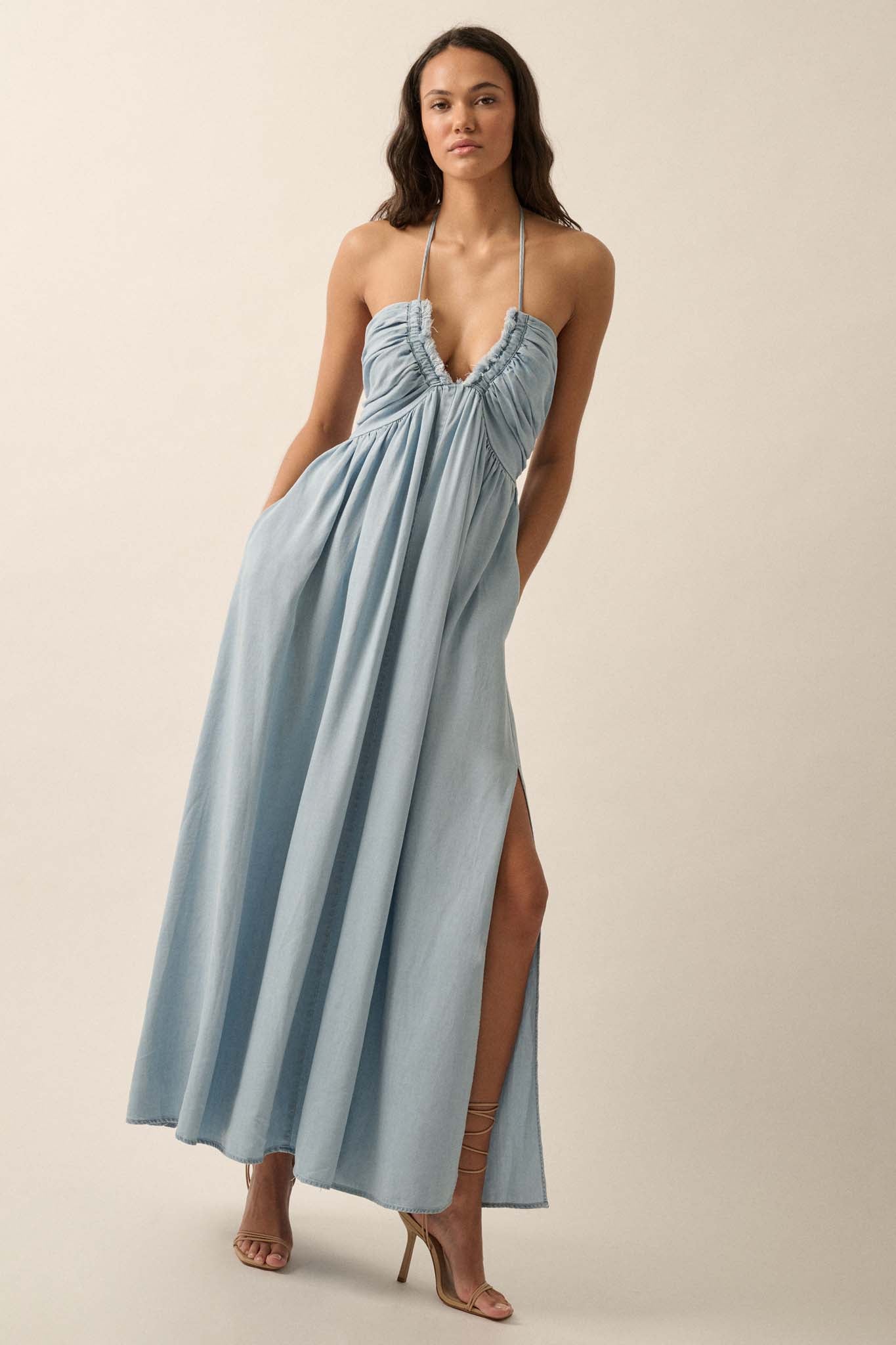 Blue Bayou Denim Halter Maxi Dress - ShopPromesa